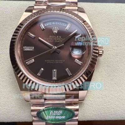 ARF Super Clone Gain Weight Rolex Day-Date Rose Gold Chocolate Baguette Face Watch 